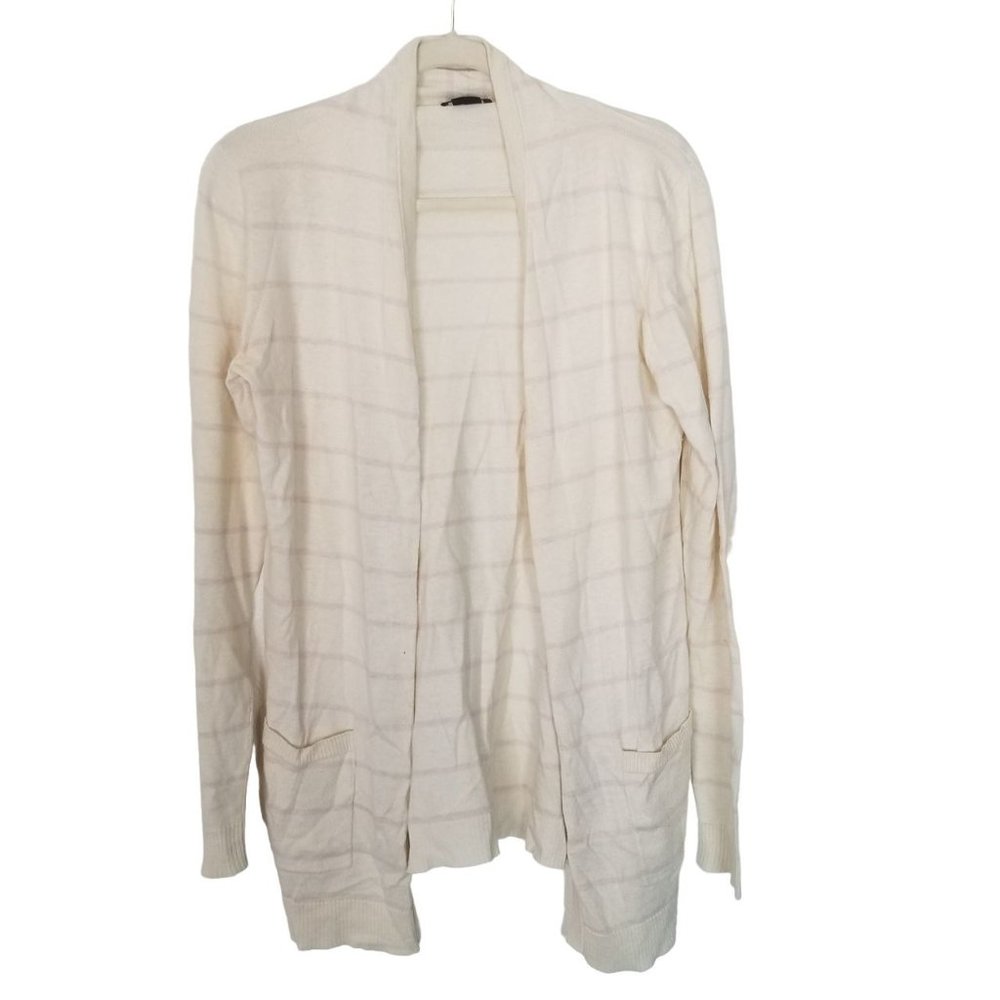 Theory Womens M Cream/Pink Striped Cotton Cashmere Open Front Cardigan Sweater